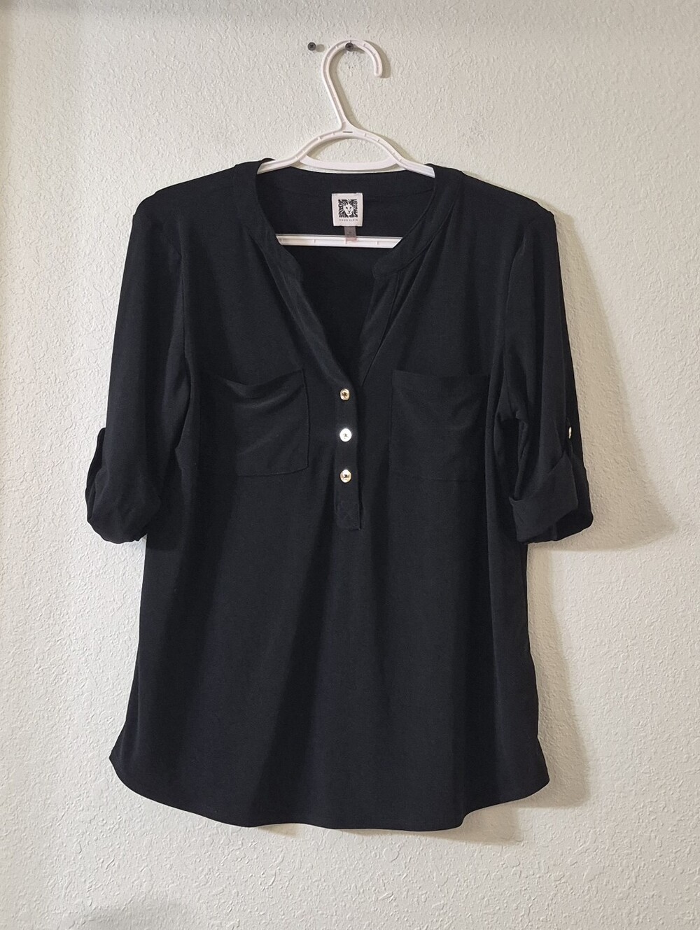 Anne Klein Black Henley Tunic with Button Placket